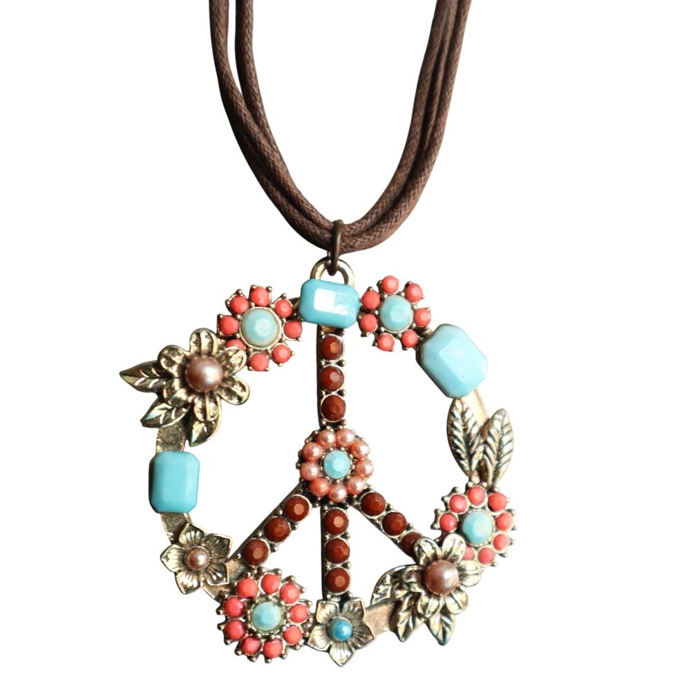 Vintage Y2K Peace Sign Pendant Choker Necklace Turquoise Orange Leather Cord